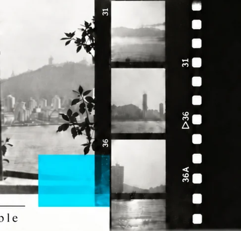 Black-and-white photographic contact sheet overlooking Hong Kong